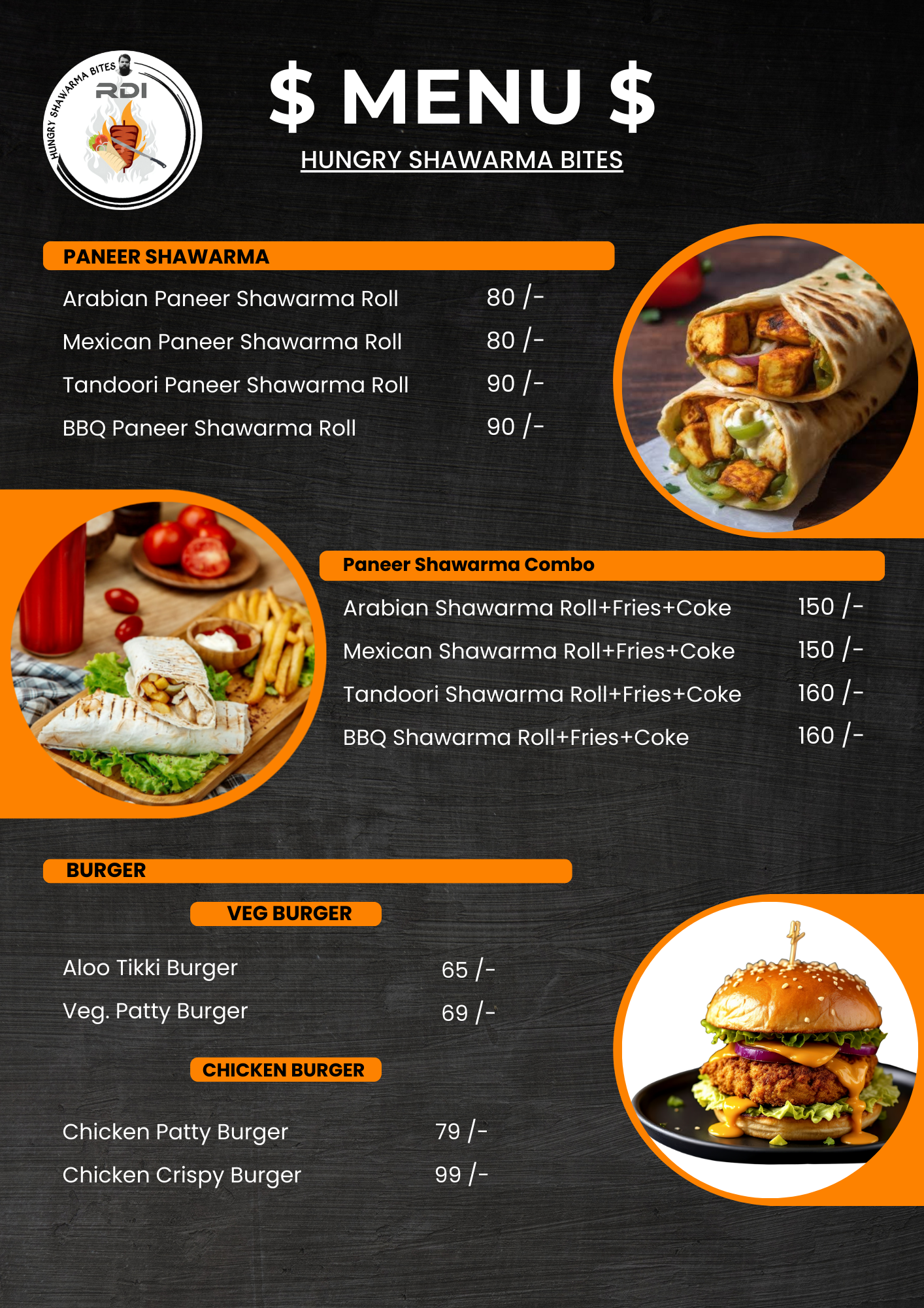 Paneer Shawarma & Burger Menu
