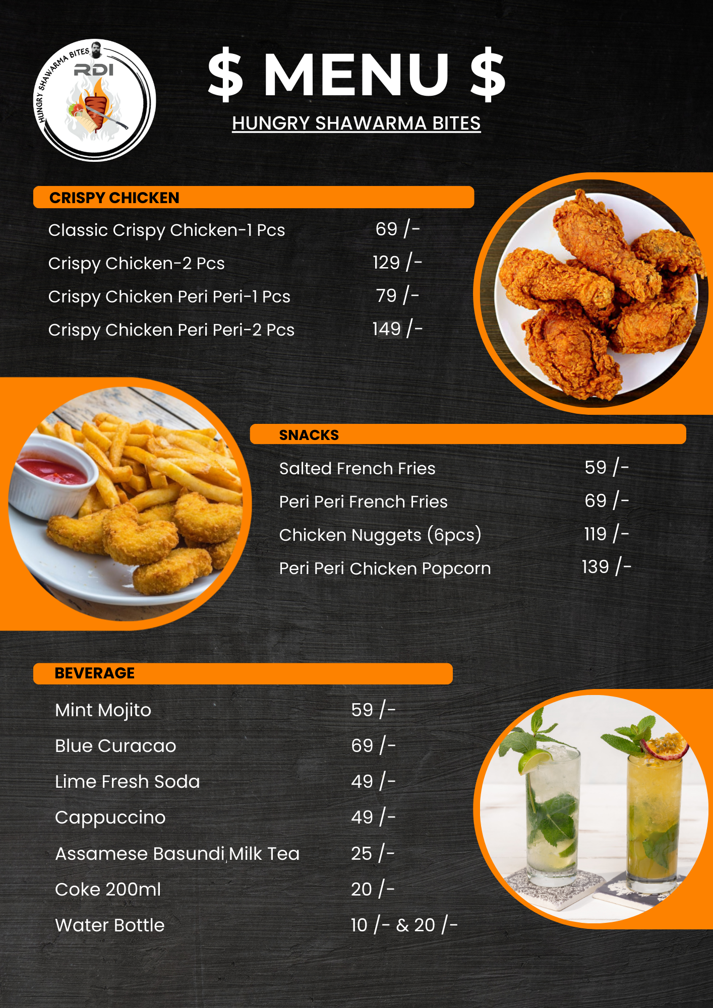 Crispy Chicken, Snacks & Beverages Menu